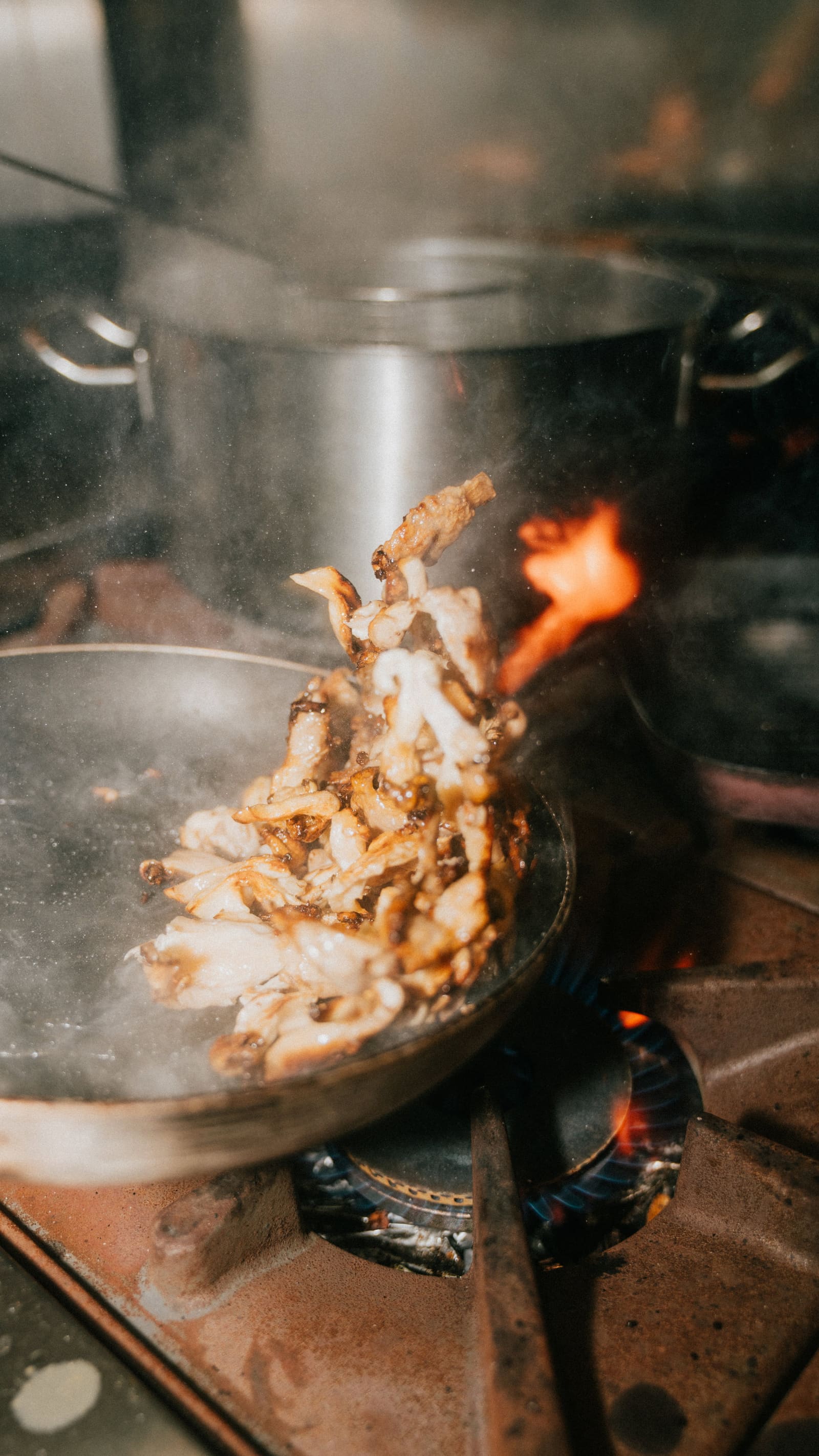 Flames rising from a pan on the stove