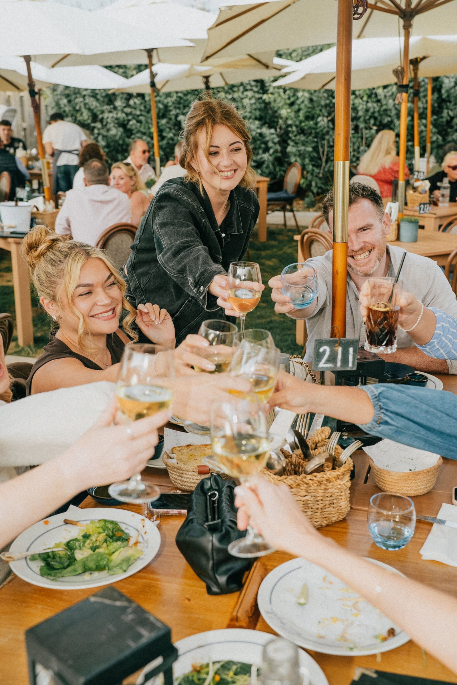 Friends raising their glasses at a table on the terrace
