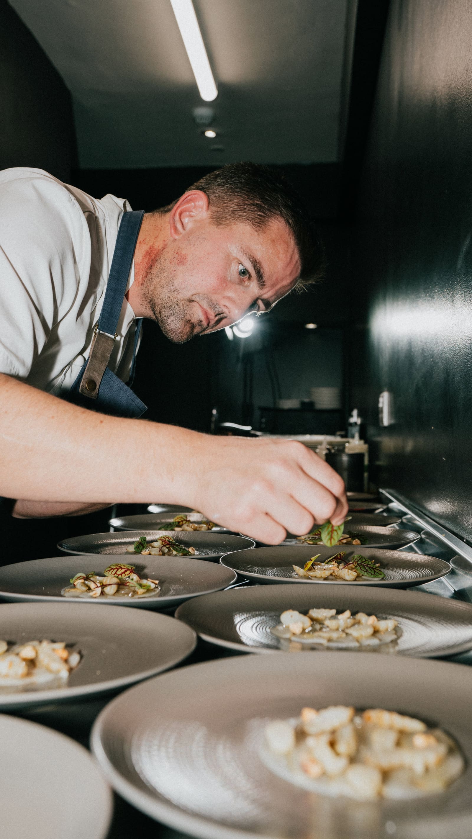 A chef garnishing a line of plates at the pass